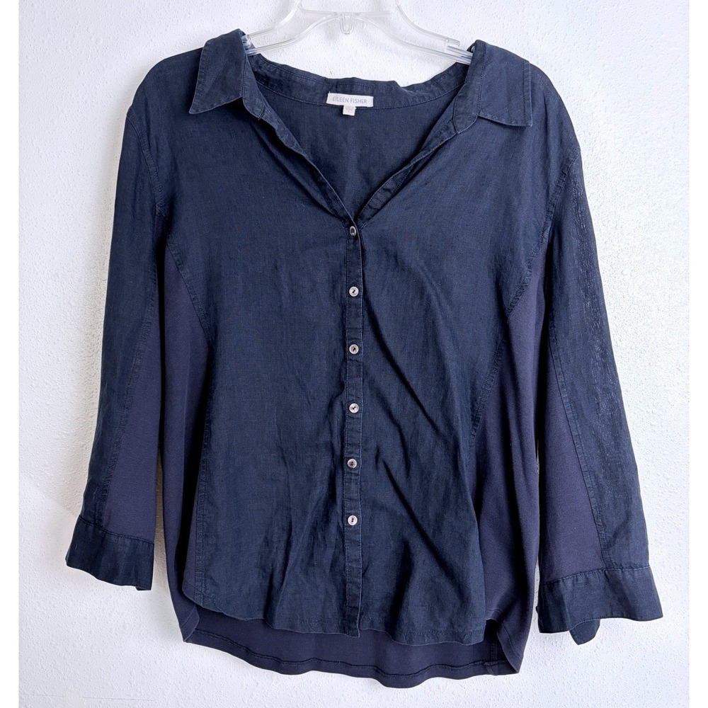 Eileen Fisher Button Front Top Navy Blue Mixed Media Linen Cotton Large